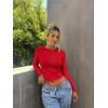 imageOQQ Womens 2 Piece Shirts Long Sleeve Crew Neck Ruched Stretch Basic Fitted Tee Shirts TopsWhite red