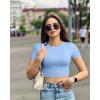 imageOQQ Womens 3 Piece Crop Tops Crew Neck Shorts Sleeve Stretch Fitted Shirts Crop TopsBlack purple candyblue