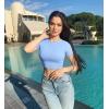 imageOQQ Womens 3 Piece Crop Tops Crew Neck Shorts Sleeve Stretch Fitted Shirts Crop TopsBlack purple candyblue
