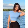 imageOQQ Womens 3 Piece Crop Tops Crew Neck Shorts Sleeve Stretch Fitted Shirts Crop TopsBlack white candyblue