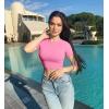 imageOQQ Womens 3 Piece Crop Tops Crew Neck Shorts Sleeve Stretch Fitted Shirts Crop TopsBlack white candypink