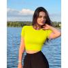 imageOQQ Womens 3 Piece Crop Tops Crew Neck Shorts Sleeve Stretch Fitted Shirts Crop TopsBlack yellow white