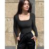 imageOQQ Womens Bodysuits Ruched Long Sleeve Square Neck Lounge Stretch Travel BodysuitsBlack