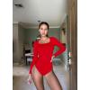 imageOQQ Womens Bodysuits Ruched Long Sleeve Square Neck Lounge Stretch Travel BodysuitsRed