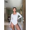 imageOQQ Womens Bodysuits Ruched Long Sleeve Square Neck Lounge Stretch Travel BodysuitsWhite