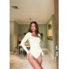 imageOQQ Womens Bodysuits Sexy Ribbed Square Neck Long Sleeve Tummy Control Casual Fall BodysuitsBeige