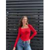 imageOQQ Womens Bodysuits Sexy Ribbed Square Neck Long Sleeve Tummy Control Casual Fall BodysuitsRed