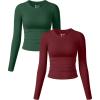 imageOQQ Womens 2 Piece Shirts Long Sleeve Crew Neck Ruched Stretch Basic Fitted Tee Shirts TopsDarkgreen winered