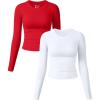 imageOQQ Womens 2 Piece Shirts Long Sleeve Crew Neck Ruched Stretch Basic Fitted Tee Shirts TopsWhite red