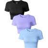 imageOQQ Womens 3 Piece Crop Tops Crew Neck Shorts Sleeve Stretch Fitted Shirts Crop TopsBlack purple candyblue
