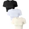imageOQQ Womens 3 Piece Crop Tops Crew Neck Shorts Sleeve Stretch Fitted Shirts Crop TopsBlack white beige