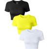 imageOQQ Womens 3 Piece Crop Tops Crew Neck Shorts Sleeve Stretch Fitted Shirts Crop TopsBlack yellow white