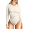imageOQQ Womens Bodysuits Ruched Crew Neck Long Sleeve Lounge Stretch Vacation BodysuitsBeige