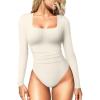 imageOQQ Womens Bodysuits Ruched Long Sleeve Square Neck Lounge Stretch Travel BodysuitsBeige