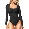 imageOQQ Womens Bodysuits Ruched Long Sleeve Square Neck Lounge Stretch Travel BodysuitsBlack