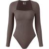 imageOQQ Womens Bodysuits Sexy Ribbed Square Neck Long Sleeve Tummy Control Casual Fall BodysuitsTea Leaf