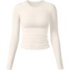 imageOQQ Womens Shirts Long Sleeve Crew Neck Ruched Stretch Basic Fitted Tee Shirts TopsBeige
