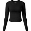 imageOQQ Womens Shirts Long Sleeve Crew Neck Ruched Stretch Basic Fitted Tee Shirts TopsBlack