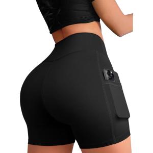 imageOQQ High Waist Shorts for Womens with Deep Pockets Tummy Control Yoga Athletic Workout Running ShortsBlack