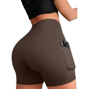 imageOQQ High Waist Shorts for Womens with Deep Pockets Tummy Control Yoga Athletic Workout Running ShortsDarkbrown