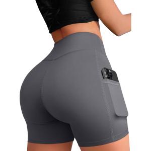imageOQQ High Waist Shorts for Womens with Deep Pockets Tummy Control Yoga Athletic Workout Running ShortsDarkgrey