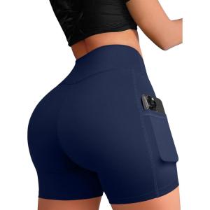 imageOQQ High Waist Shorts for Womens with Deep Pockets Tummy Control Yoga Athletic Workout Running ShortsNavy Blue
