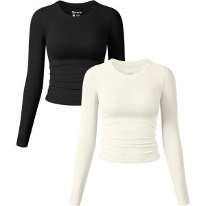 imageOQQ Womens 2 Piece Shirts Long Sleeve Crew Neck Ruched Stretch Basic Fitted Tee Shirts TopsBlack beige