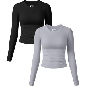 imageOQQ Womens 2 Piece Shirts Long Sleeve Crew Neck Ruched Stretch Basic Fitted Tee Shirts TopsBlack grey