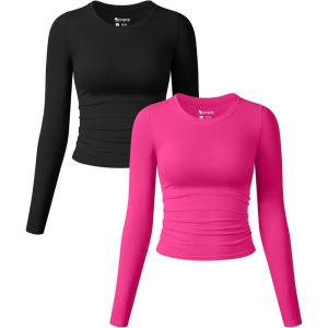 imageOQQ Womens 2 Piece Shirts Long Sleeve Crew Neck Ruched Stretch Basic Fitted Tee Shirts TopsBlack pitaya