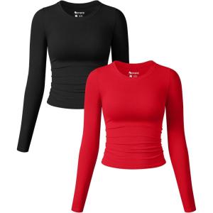 imageOQQ Womens 2 Piece Shirts Long Sleeve Crew Neck Ruched Stretch Basic Fitted Tee Shirts TopsBlack red