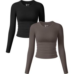 imageOQQ Womens 2 Piece Shirts Long Sleeve Crew Neck Ruched Stretch Basic Fitted Tee Shirts TopsBlack tea Leaf