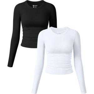 imageOQQ Womens 2 Piece Shirts Long Sleeve Crew Neck Ruched Stretch Basic Fitted Tee Shirts TopsBlack white