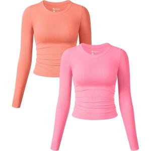 imageOQQ Womens 2 Piece Shirts Long Sleeve Crew Neck Ruched Stretch Basic Fitted Tee Shirts TopsCoralorange candypink