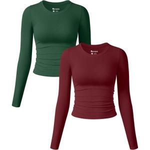 imageOQQ Womens 2 Piece Shirts Long Sleeve Crew Neck Ruched Stretch Basic Fitted Tee Shirts TopsDarkgreen winered