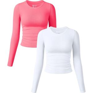 imageOQQ Womens 2 Piece Shirts Long Sleeve Crew Neck Ruched Stretch Basic Fitted Tee Shirts TopsFluorescent Pink A white