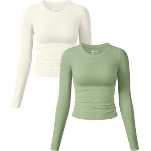 imageOQQ Womens 2 Piece Shirts Long Sleeve Crew Neck Ruched Stretch Basic Fitted Tee Shirts TopsPea Green beige