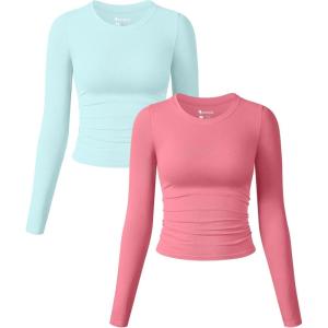 imageOQQ Womens 2 Piece Shirts Long Sleeve Crew Neck Ruched Stretch Basic Fitted Tee Shirts TopsSea Salt Blue dry Rose
