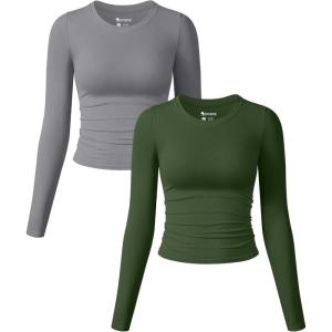 imageOQQ Womens 2 Piece Shirts Long Sleeve Crew Neck Ruched Stretch Basic Fitted Tee Shirts TopsSmoke Grey armygreen