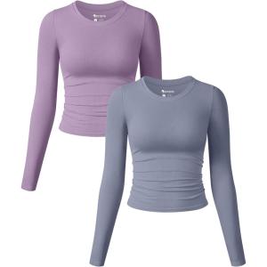 imageOQQ Womens 2 Piece Shirts Long Sleeve Crew Neck Ruched Stretch Basic Fitted Tee Shirts TopsTaro Purple blues