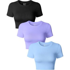 imageOQQ Womens 3 Piece Crop Tops Crew Neck Shorts Sleeve Stretch Fitted Shirts Crop TopsBlack purple candyblue