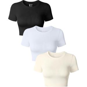 imageOQQ Womens 3 Piece Crop Tops Crew Neck Shorts Sleeve Stretch Fitted Shirts Crop TopsBlack white beige