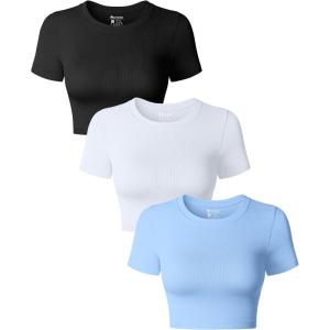 imageOQQ Womens 3 Piece Crop Tops Crew Neck Shorts Sleeve Stretch Fitted Shirts Crop TopsBlack white candyblue