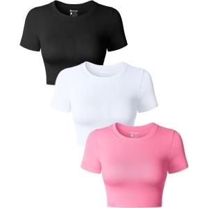 imageOQQ Womens 3 Piece Crop Tops Crew Neck Shorts Sleeve Stretch Fitted Shirts Crop TopsBlack white candypink