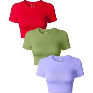 imageOQQ Womens 3 Piece Crop Tops Crew Neck Shorts Sleeve Stretch Fitted Shirts Crop TopsRed avocado Green purple