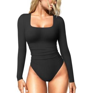 imageOQQ Womens Bodysuits Ruched Long Sleeve Square Neck Lounge Stretch Travel BodysuitsBlack