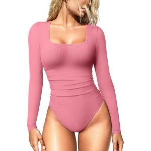 imageOQQ Womens Bodysuits Ruched Long Sleeve Square Neck Lounge Stretch Travel BodysuitsDry Rose