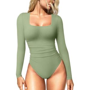 imageOQQ Womens Bodysuits Ruched Long Sleeve Square Neck Lounge Stretch Travel BodysuitsPea Green