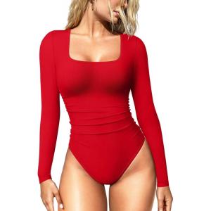 imageOQQ Womens Bodysuits Ruched Long Sleeve Square Neck Lounge Stretch Travel BodysuitsRed