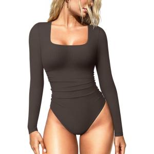 imageOQQ Womens Bodysuits Ruched Long Sleeve Square Neck Lounge Stretch Travel BodysuitsTea Leaf