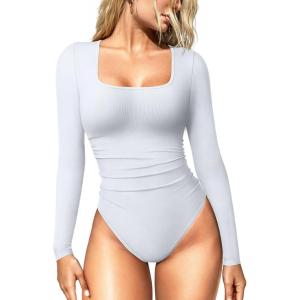 imageOQQ Womens Bodysuits Ruched Long Sleeve Square Neck Lounge Stretch Travel BodysuitsWhite